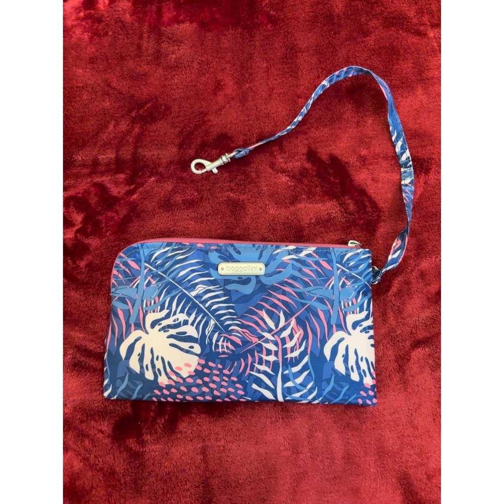 Baggallini Blue Pink Tropical Palm Print RFID Wristlet Pouch Zip Clutch Bag